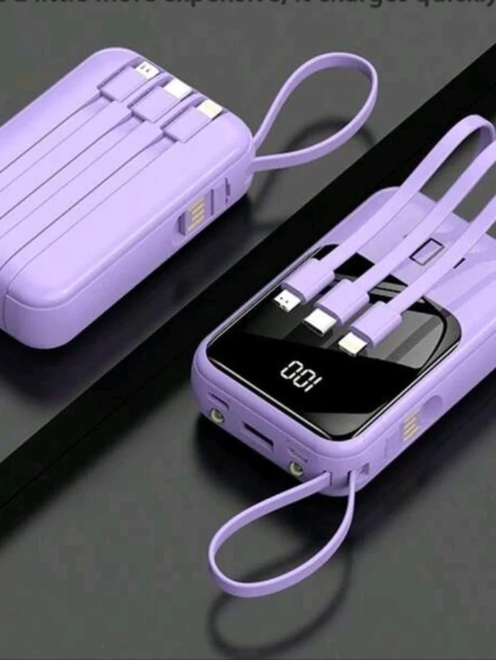 Portable Fast Charging Power Bank with Built-In Cables - Purple